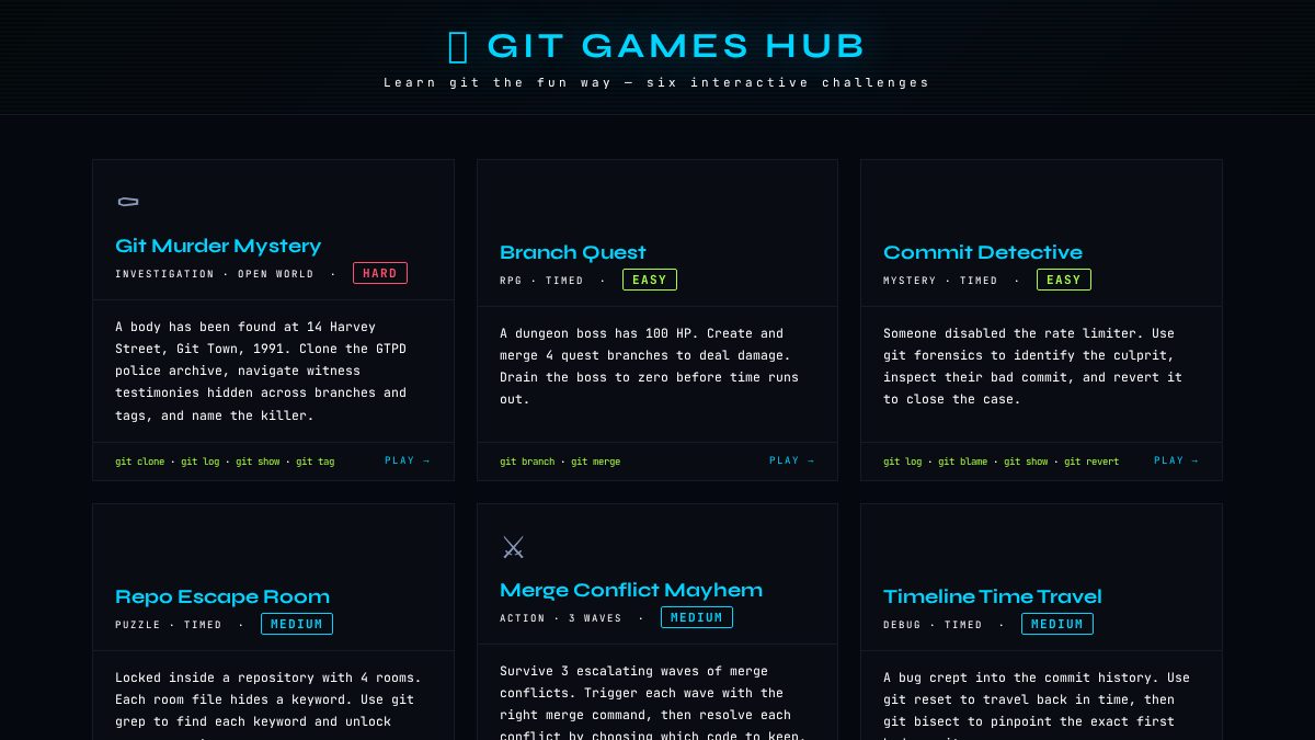 Preview of I vibe code a 100% browser-based "Git Games Hub" to help people master Git